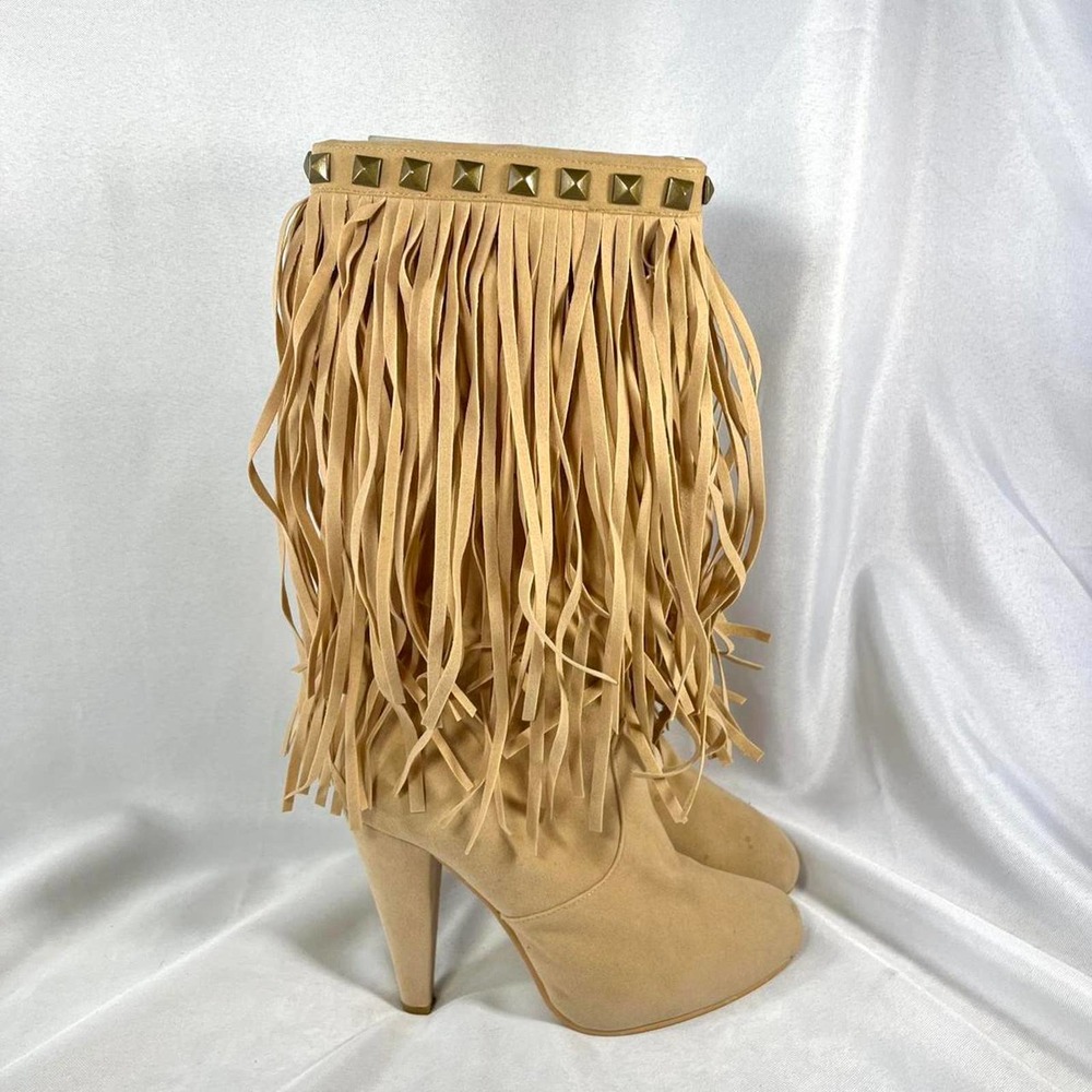 2000s Sexy Femme Fatale Western Vintage Bally Tan Mid Calf Heeled Boots s 5 1/2